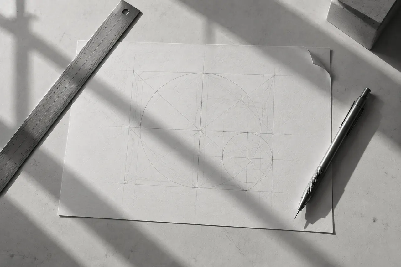 Drafting table with pencil construction drawing, steel rule and mechanical pencil